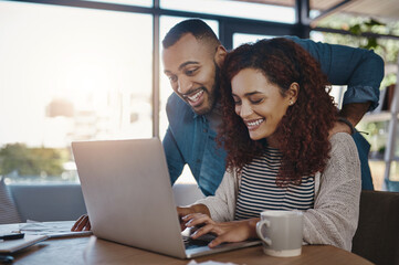 House, couple and documents for finances, laptop and planning for budget, savings and university application. Research housing, man and woman on couch, pc and investment portfolio with paperwork