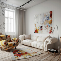 A creatively inspired interior space with white walls, abstract art paintings. AI generative.