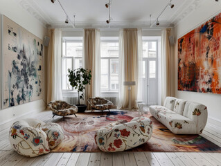 A creatively inspired interior space with white walls, abstract art paintings. AI generative.