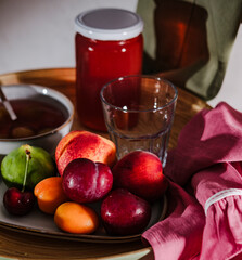 homemade kompot or compote, slavic summer refreshing fruit beverage, or hosaf in turkish traditional cuisine