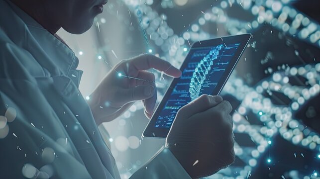 Medicine doctor touching electronic medical record on tablet. DNA. Digital healthcare and network connection on hologram modern virtual screen interface, medical technology