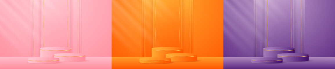 Set of pink, orange, purple podiums with elegant gold lines for product presentation. Cosmetic product display. Stage or podium. vector illustration	