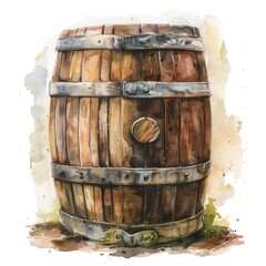 Obraz premium Rustic Wooden Barrel for Aged Wine and Whiskey. Vintage Watercolor Illustration of Alcohol Beverage Container