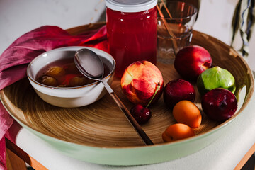 homemade kompot or compote, slavic summer refreshing fruit beverage, or hosaf in turkish traditional cuisine