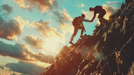 Silhouettes of two people climbing a mountain and helping two hands helping each other.