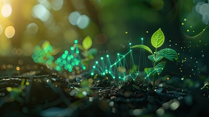 the chart, a seedling represents investment growth. Modern illustration of startup financial projections with futuristic polygon shapes.