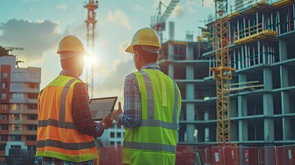 Two colleagues discussing data working and tablet, laptop with on on architectural project at construction site at desk in office.