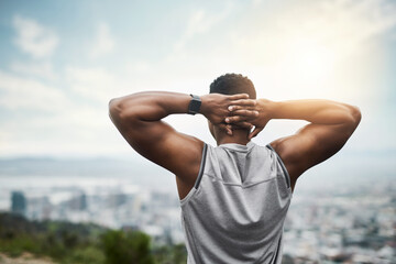 Back, fitness and black man stretching arms in city with thinking, outdoor exercise and calm morning view. Health, wellness and athlete at sunrise with warm up for muscle, urban workout and relax