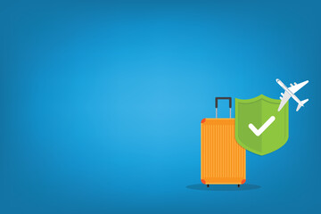 Traveling luggage suitcase and airplane trip protect by green shield. Travel insurance. Plane flight safety symbol. Aircraft journey risk protection. Vector illustration.