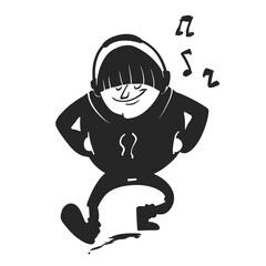 Funny Vector Cartoon of a Man Silhouette Walking with Headphones