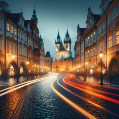  Cobblestone street leading to old town square in Prague at dusk, with cars leaving light trails