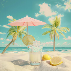 Obraz premium Minimal summer pastel concept, soft colors of tropical background., refreshing cocktail on the beach.. Exotic summer beach concept. Generative AI.