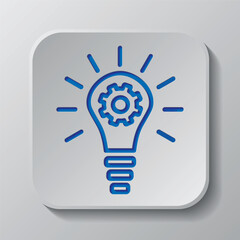 Light bulb with gears simple icon. Flat design. Paper cut design. Cutted blue symbol with shadow. Gray badge button, gray background