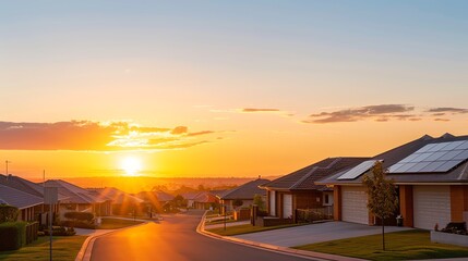 Residential neighborhood with modern homes at sunset, showcasing solar panels and tranquil streets, representing sustainable living and suburban life.