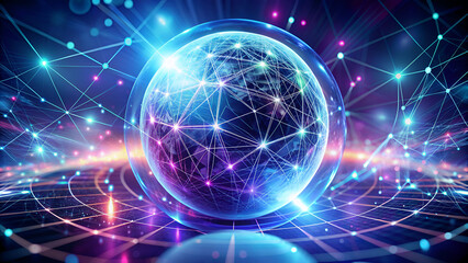 A luminous sphere is connected to network elements surrounded by purple and blue hues in a futuristic digital setting. AIG53M