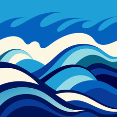 The painting features waves in the ocean with a blue and white color palette