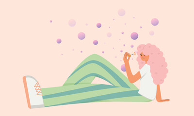 A woman with pink hair is laying on her back with her legs crossed. She is holding a makeup brush in her hand. The image has a dreamy, whimsical feel to it, as if the woman is in a fantasy world