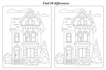 Find 10 differences. House. Coloring. Vector illustration.