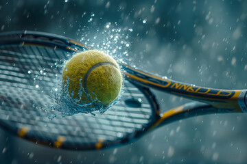 a tennis racquet makes contact with a tennis ball