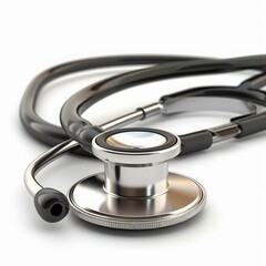 A detailed stethoscope with black tubing and a silver chest piece, isolated on a pristine white background