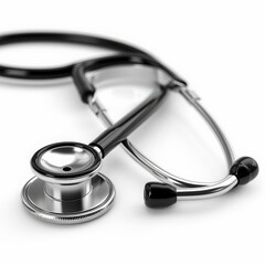 A detailed stethoscope with black tubing and a silver chest piece, isolated on a pristine white background