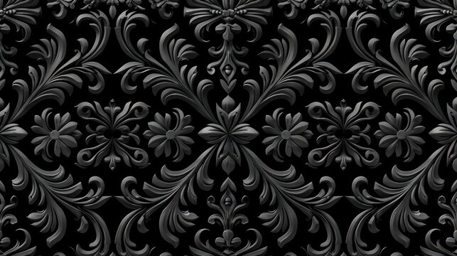 Intricate dark floral patterned artwork with ornate swirling designs.