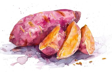 Watercolor Illustration of Fresh Sweet Potatoes, a Healthy and Organic Ingredient