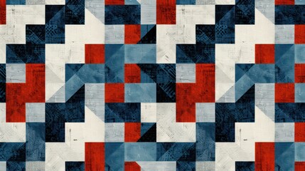 Fototapeta premium Abstract geometric pattern with red, blue and white elements on canvas