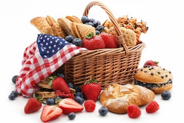 A festive picnic basket filled with 4th of July treats, isolated on a pristine white background