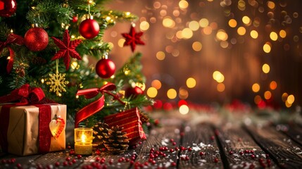 Holidays background with illuminated Christmas tree, gifts and decoration