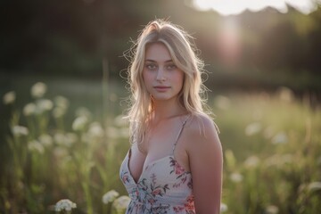 Young Woman Posing in a Field of Flowers at Sunset