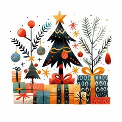 Obraz premium A joyful illustration of Christmas Day celebrations with gifts and festive decorations, set against a clean white backdrop