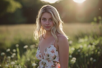 Naklejka premium Casual blonde woman in a summer dress, standing against a plain backdrop with gentle backlighting to highlight the clothing and her pose --ar 3:2 Job ID: 4ceb27dc-d9aa-4072-bf03-2c10c1b673fa