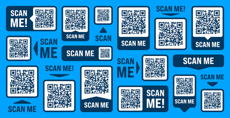 Scan me QR code sticker with text. Online payment. Special offer sale stickers, shopping discount label, promotional badge. Product serial number. Supermarket retail price tag. Vector illustration