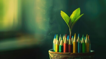 Green pencil emerging from colored pencils in a pot Environmental concept with empty space