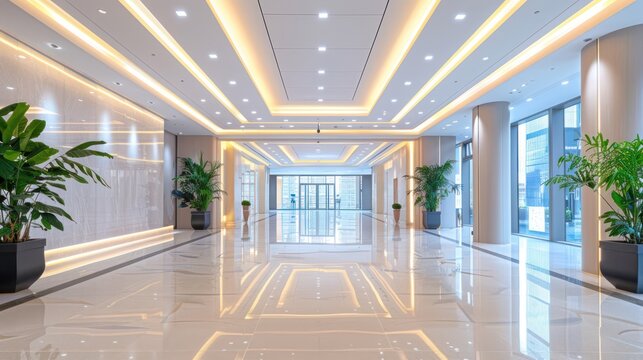 Modern office building lobby with bright lights and lush greenery.