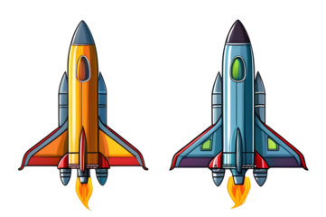 Cartoon rocket spaceship taking off, isolated on transparent background. Ideal for educational materials, kids' content, space-themed projects, and playful designs.