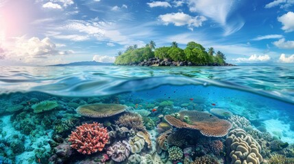 Obraz premium beautiful island with forested area seen under the sea with corals