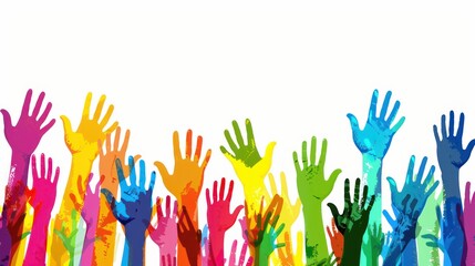Vibrant multicolored hands raised high against white background