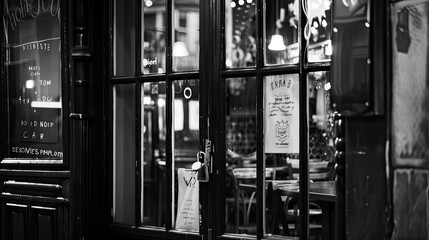 Blank signboard peering through the shop's glass door