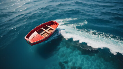 Fototapeta premium Red boat or ship on the sea in calm Summer copy space