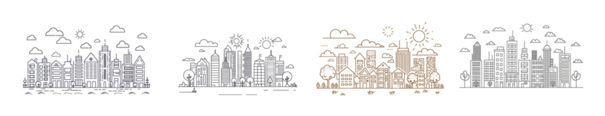 Fototapeta premium Landscape panoramas with skyscrapers, cottages, and country houses. Concept of urban and rural streets. Urban building line and house architecture.