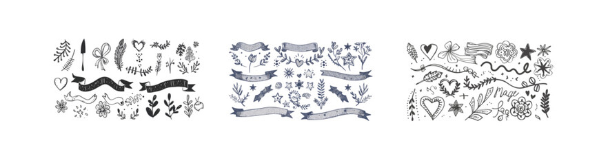 Fototapeta premium Vintage decorative doodles. Ribbons, outline arrows, and doodle holiday cards. Flowers, hearts, stars, and curved lines.