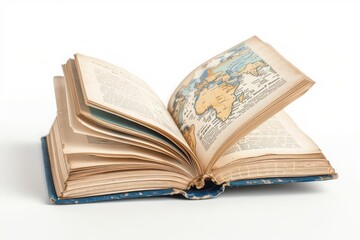 Obraz premium A travel guidebook with an illustrated cover and marked pages, isolated on a white background