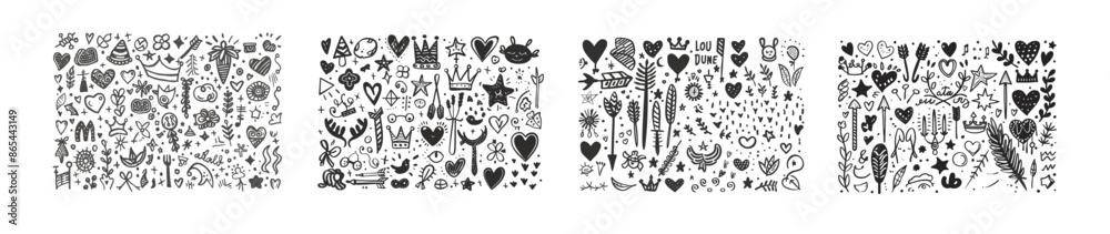 Poster an isolated modern illustration symbol set with hand drawn arrows, outline shapes, and doodle frames