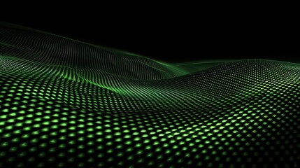 Abstract green wave pattern with glowing dots on a black background
