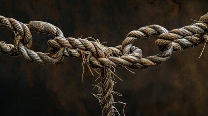 Close-up of a metal chain with links missing and replaced with straw ropes 
on a dark brownish-black background