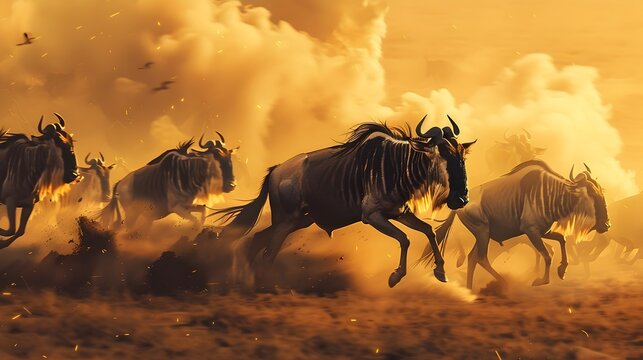 Powerful Wildebeest Herd Galloping Across the Savanna in Epic Landscape