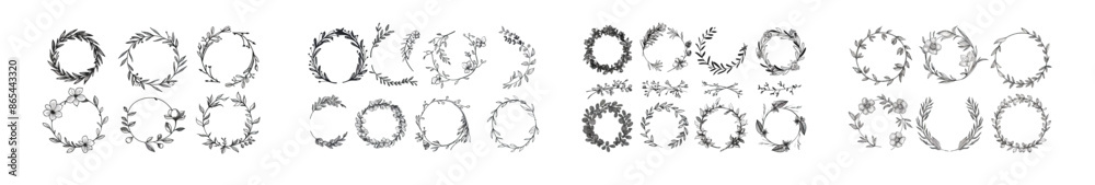 Poster hand drawn round floral frames. sketch flower, leaf, and branch decoration wreaths. circle floral fr
