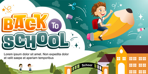 Back to school - boy riding a flying pencil